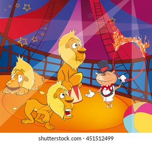 Vector Cartoon Illustration circus performance of a cat ringleader and lions.