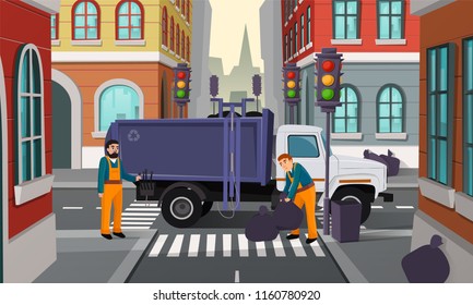 Vector cartoon illustration of city crossroad with traffic lights, garbage truck and workers pick up black rubbish bags for recycling. Service for cleaning streets and removal urban refuse