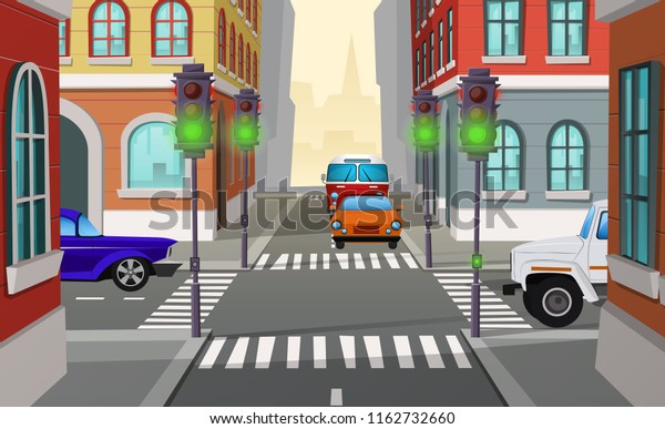 Vector cartoon illustration city crossroad with\
green traffic lights and cars, intersection of roads. Urban\
architecture, street with buildings, pedestrian crosswalks and\
sidewalks, cityscape\
concept