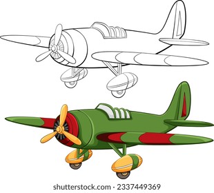 Vector cartoon illustration of classic military aircraft outline for colouring