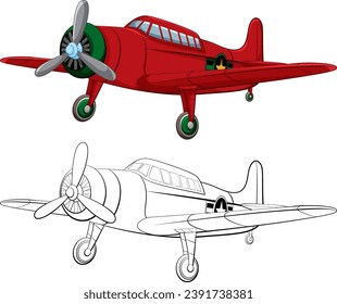 Vector cartoon illustration of a classic military aircraft, isolated on white background, ready for coloring