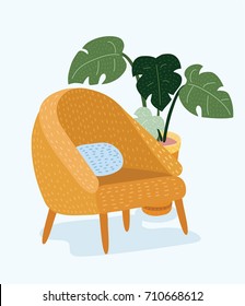 Vector cartoon illustration of classic retro yellow velvet armchair with wooden legs. Furniture in Modern design style and pillow and houseplant in a pot Monstera on white isolated background