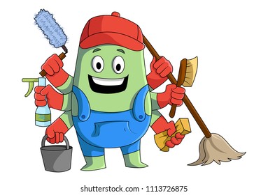 Vector cartoon illustration of cleaning man multitasking with working arms. Isolated on white background. 