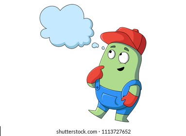 Vector cartoon illustration of cleaning man thinking. Isolated on white background.