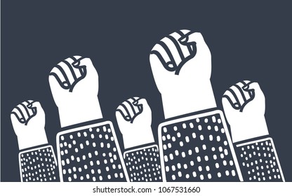 Vector cartoon illustration of clenched fists raised in protest. Protest, strength, freedom, revolution, rebel, revolt concept. Black and white concept on dark background.