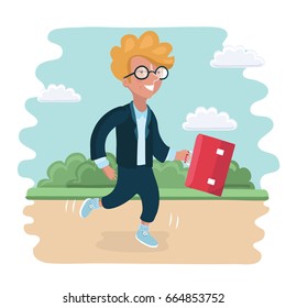 Vector cartoon illustration of clever boy going to school in the park landscape