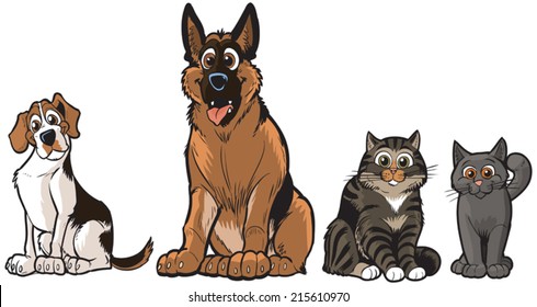 Vector cartoon illustration clip art of a group of dogs and cats, A Beagle, German Shepherd, Tabby, and a Grey feline. Each pet is on a separate layer.