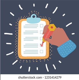 Vector cartoon illustration of clipboard checklist productivity hand check in checkbox with pencil. Object in modern style on dark background.