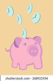 Vector cartoon illustration of clocks falling into piggy bank. Creative vector illustration for time management and economic opportunity cost concept.