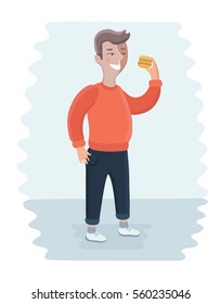 Vector cartoon vector illustration of close up of fat happy man eating burger
