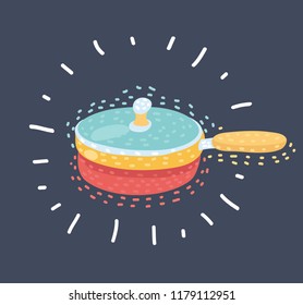 Vector cartoon illustration of close up frying pan with wooden handle. Funny hand drawn concept on dark background.