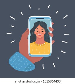 Vector cartoon illustration of Closeup of a female hand holding a smart phone during a video call with her friend.