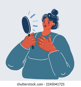 Vector cartoon illustration of Closeup portrait of gorgeous happy middle age woman looking at mirror touching her skin enjoying treatment for dry skin.