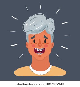 Vector cartoon illustration of Close-up of a smiling young boys face with braces on his teeth. Portrait on dark background.