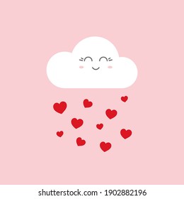 Ilustración de dibujos animados con nubes y lluvia de corazones.