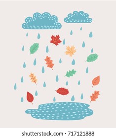 Vector cartoon illustration of cloud, rain and leaves. Cute falling raindrops. Isolated object on white background. Autumn rainy windy mood