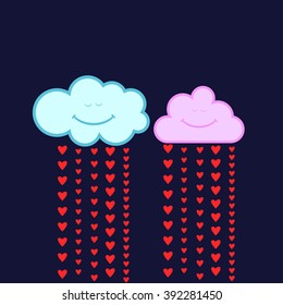 Vector cartoon illustration with clouds and rain of hearts. Can be used for wallpapers, web page backgrounds, Valentine or romantic card, wedding invitation
