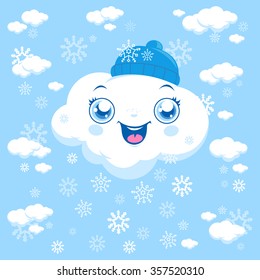 Vector cartoon illustration of clouds snowing at the sky.