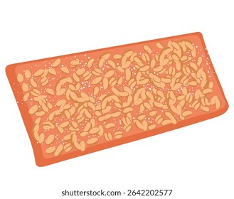 Vector cartoon illustration of Coca de Llardons, a savory Catalan pastry made with pork cracklings and pine nuts, enjoyed during Saint John’s holiday celebration