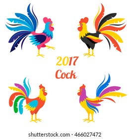 Vector cartoon illustration of a cock in flat style. Set of multicolored roosters with beautiful colored fluffy tail. Vector illustration isolated on white background.