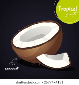Vector cartoon illustration of coconut fruit with lettering isolated on gradient black background. Exotic starfruit design for food art, healthy eating, poster.