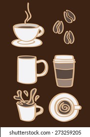 Vector cartoon illustration of coffee beans and coffee beverage in different cups and mugs isolated on brown background.
