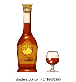 Vector Cartoon Illustration - Cognac Bottle and Glass