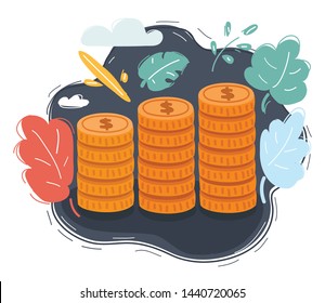 Vector cartoon illustration of Coin stacks on a dark background