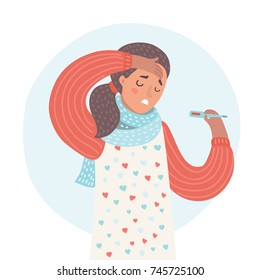 Vector cartoon illustration of cold, flu. Portrait of ill woman, Feeling sick and sneezing. Closeup of cute unhealthy girl wearing in scarf. Girl with headache take thermometer. Health care Concept.