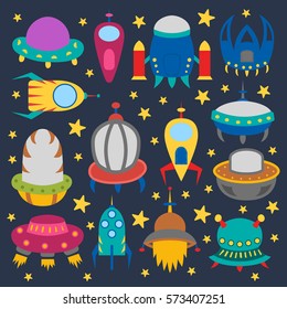 Vector cartoon illustration with collection of different colorful alien spaceships. Vector UFO icon. Cute spacecraft, galaxy objects for children book or cover illustration. Cartoon rocket icon
