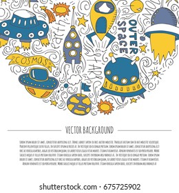 Vector cartoon illustration with collection of different colorful alien spaceships. Vector UFO icon. Cute spacecraft, galaxy objects. Children book or cover illustration. Hand drawn rocket background