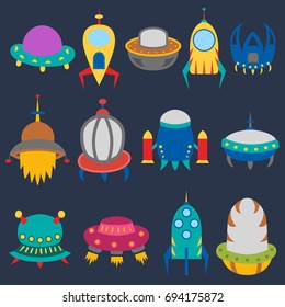 Vector cartoon illustration with collection of different colorful alien spaceships. Vector UFO icon. Cute spacecraft, galaxy objects for children book or cover illustration. Cartoon rocket icon