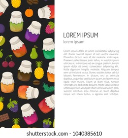 Vector cartoon illustration with collection of jam jars: strawberry, cherry, apple, berries, mango, lemon, orange. Set of sweet jelly marmalade glass bottles. Homemade sugar preserves background