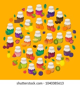 Vector cartoon illustration with collection of jam jars: strawberry, cherry, apple, berries, mango, lemon, orange. Set of sweet jelly marmalade glass bottles. Homemade sugar preserves background
