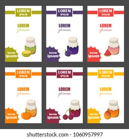 Vector cartoon illustration with collection of jam jars: strawberry, cherry, apple, berries, mango, lemon, orange. Set of sweet jelly marmalade glass bottles. Homemade sugar preserves background