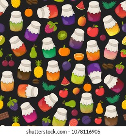Vector cartoon illustration with collection of jam jars: strawberry, cherry, apple, berries, mango, lemon, orange. Set of sweet jelly marmalade glass bottles. Homemade sugar preserves background