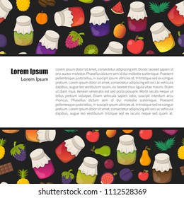 Vector cartoon illustration with collection of jam jars: strawberry, cherry, apple, berries, mango, lemon, orange. Set of sweet jelly marmalade glass bottles. Homemade sugar preserves background