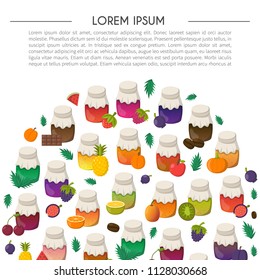 Vector cartoon illustration with collection of jam jars: strawberry, cherry, apple, berries, mango, lemon, orange. Set of sweet jelly marmalade glass bottles. Homemade sugar preserves background
