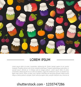 Vector cartoon illustration with collection of jam jars: strawberry, cherry, apple, berries, mango, lemon, orange. Set of sweet jelly marmalade glass bottles. Homemade sugar preserves background