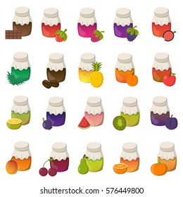 Vector cartoon illustration with collection of jam jars: strawberry, cherry, apple, berries, mango, lemon, orange. Set of sweet jelly marmalade glass bottles. Homemade sugar preserves icon