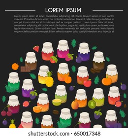 Vector cartoon illustration with collection of jam jars: strawberry, cherry, apple, berries, mango, lemon, orange. Set of sweet jelly marmalade glass bottles. Homemade sugar preserves background