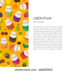 Vector cartoon illustration with collection of jam jars: strawberry, cherry, apple, berries, mango, lemon, orange. Set of sweet jelly marmalade glass bottles. Homemade sugar preserves background