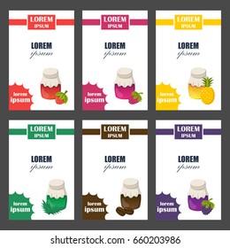 Vector cartoon illustration with collection of jam jars: strawberry, cherry, apple, berries, mango, lemon, orange. Set of sweet jelly marmalade glass bottles. Homemade sugar preserves background