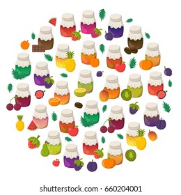 Vector cartoon illustration with collection of jam jars: strawberry, cherry, apple, berries, mango, lemon, orange. Set of sweet jelly marmalade glass bottles. Homemade sugar preserves background
