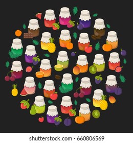 Vector cartoon illustration with collection of jam jars: strawberry, cherry, apple, berries, mango, lemon, orange. Set of sweet jelly marmalade glass bottles. Homemade sugar preserves background