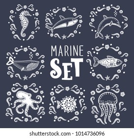 Vector cartoon illustration collection of marine fish and mammals. Black and white outline. Shark, dolphin, octopus, fish, jellyfish, seahorse, star, whale. Cute funny characters creatures on dark.