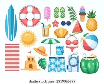 Ilustración de dibujos animados vectoriales colección de elementos de pinturas con temática de playa de verano.
Colección de objetos coloridos de verano.
Perfecto para proyectos relacionados con el verano, pegatinas, iconos, etc