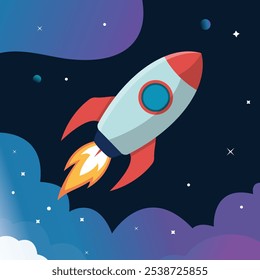 Vector cartoon illustration Color rocket flying on sky gellaxy background