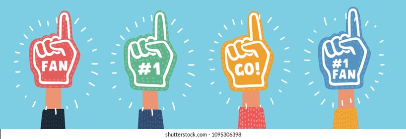 Vector cartoon illustration of color set of foam hand in different colors on bright background.