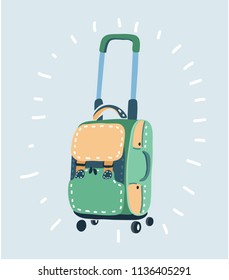 Vector cartoon illustration of color travel bag on wheels with different travel elements. Modern concept on white background.